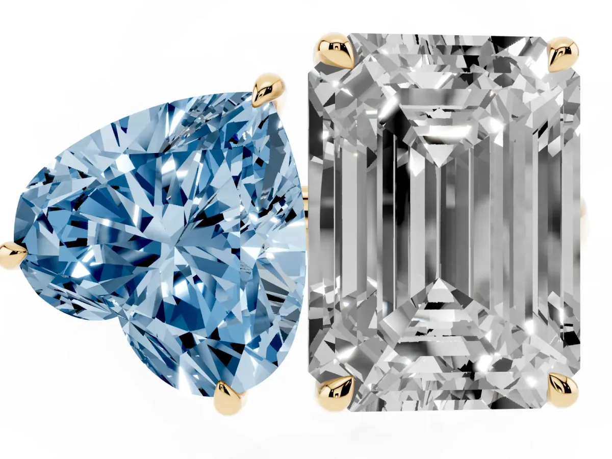 Fancy Blue Heart Cut and Emerald Cut Toi Moi Ring with Prong Setting Yellow gold