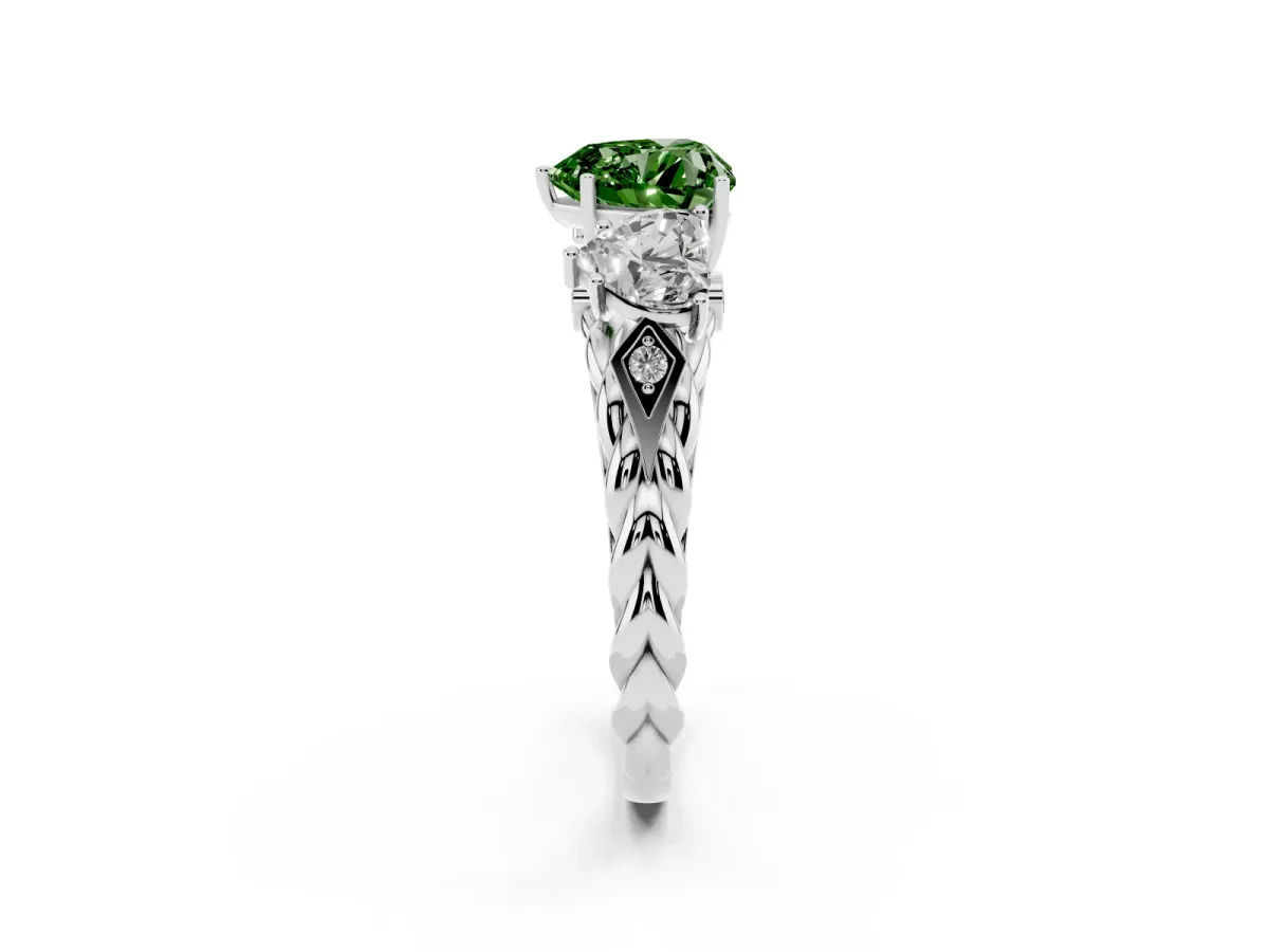 Fancy Green Three-Stone Heart Cut Diamond Braided Band Ring with Four-Prong Setting Silver