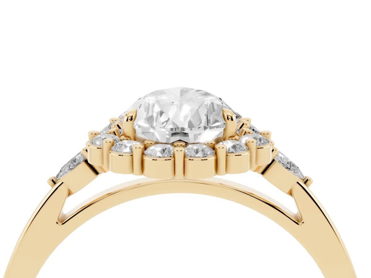Pear Cut Diamond Halo Ring with Pear Side Stones and Prong Setting Yellow gold