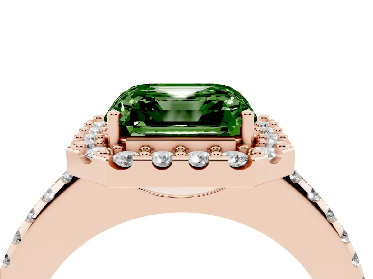 Fancy Green Asscher Cut Diamond Pavé Halo Ring with Four-Prong Setting Rose gold