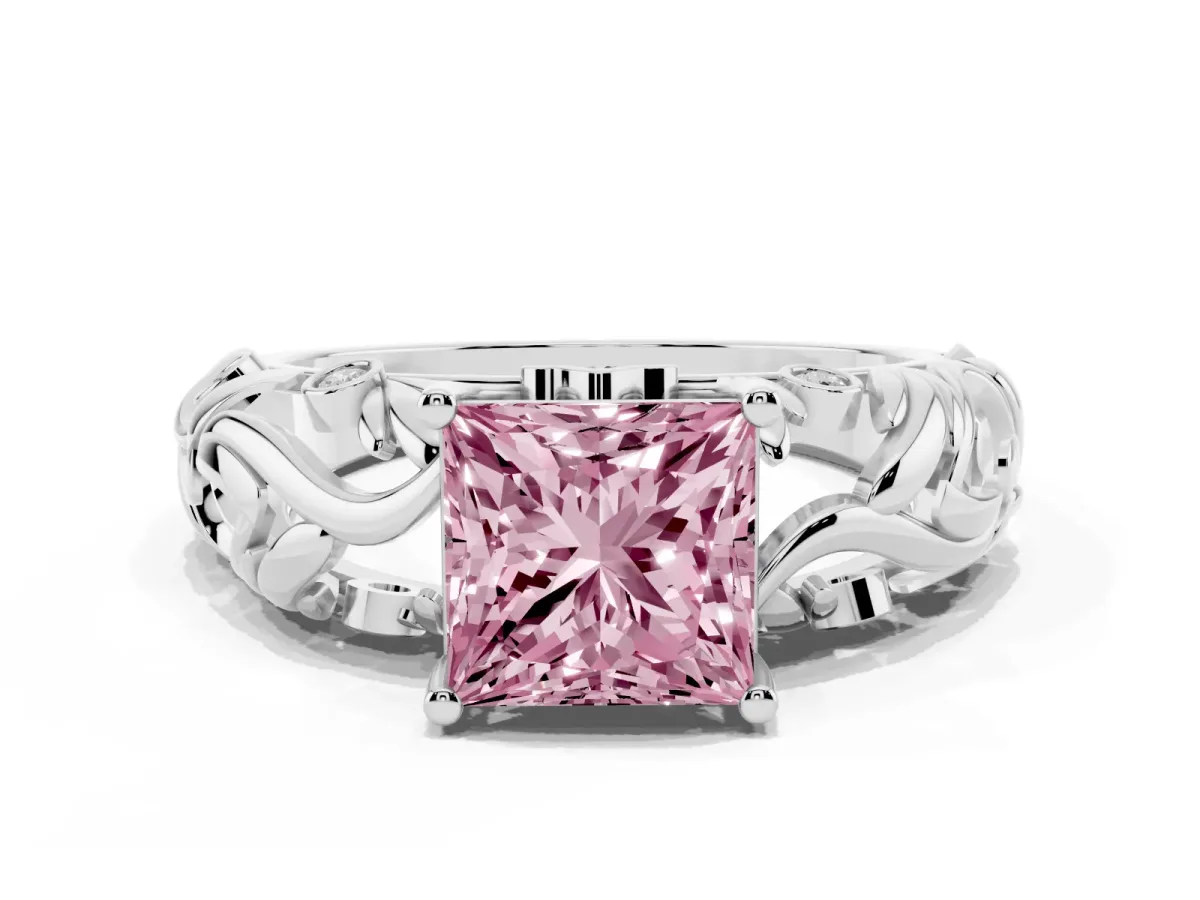 Fancy Pink Princess Cut Solitaire Diamond Leaf-Inspired Vine Band Ring with Prong Setting White gold