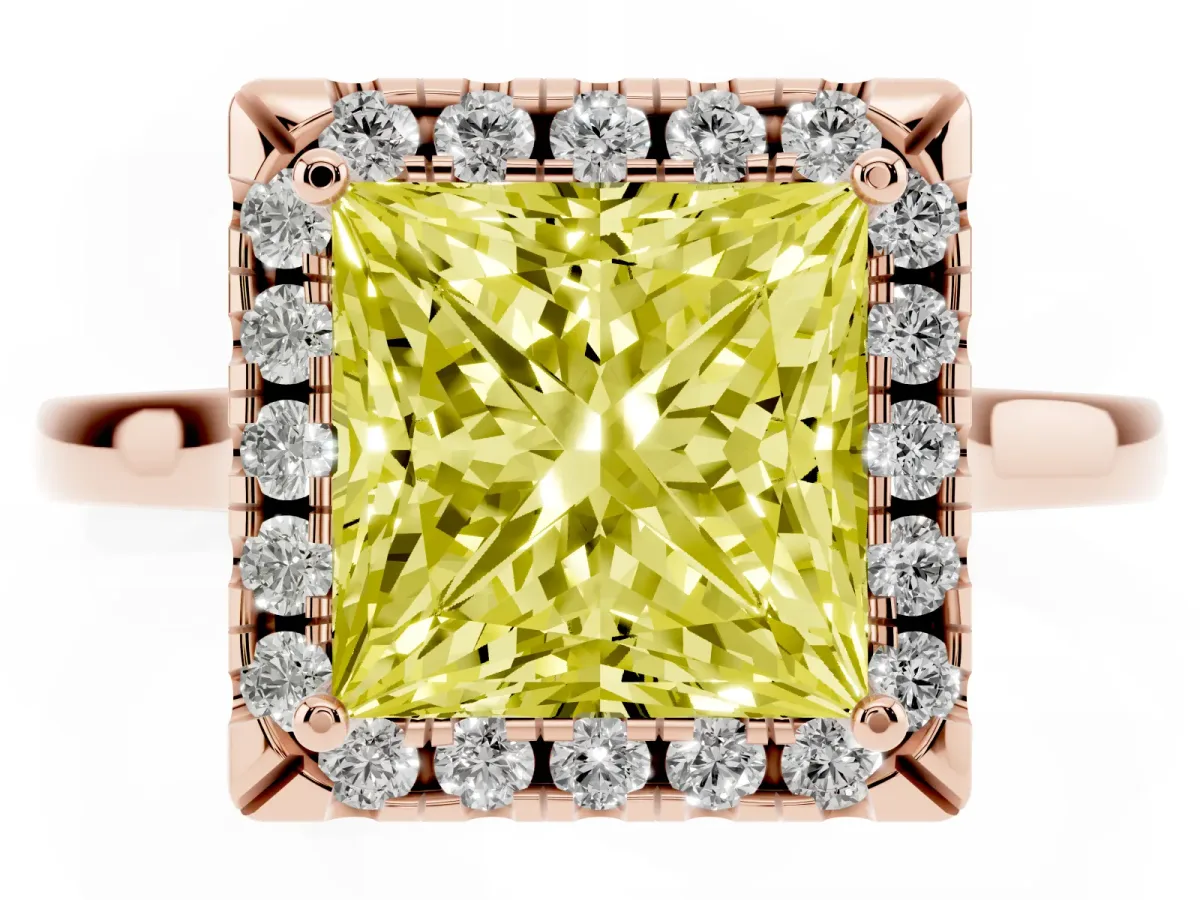 Fancy Yellow Princess Cut Halo Round Diamond Solitaire Ring with Pavé Band and Four-Prong Setting Rose gold