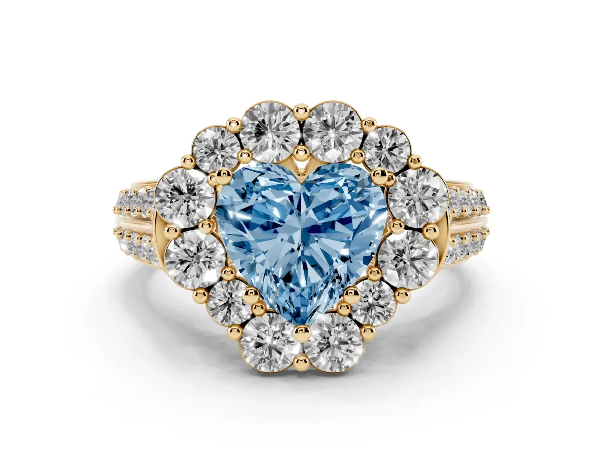Fancy Blue Heart Cut Halo Diamond Engagement Ring with Split Shank and Prong Setting Yellow gold