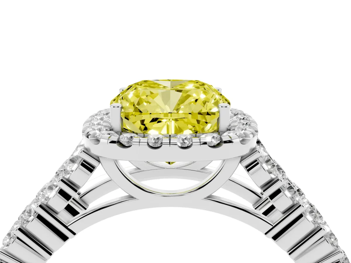 Fancy Yellow Cushion Cut Diamond Halo Engagement Ring with Triple Row Round Pavé Band and Prong Setting White gold