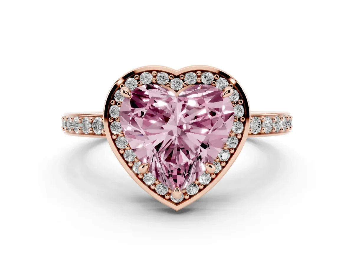 Fancy Pink Heart Cut Halo Pave Band Solitaire Ring with Prong Setting Rose gold