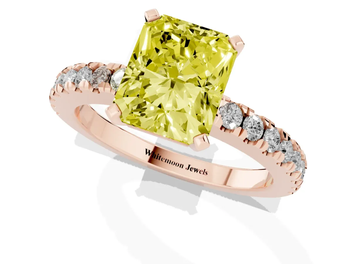 Fancy Yellow Radiant Cut Solitaire Diamond with Pavé Band and Four-Prong Setting Rose gold