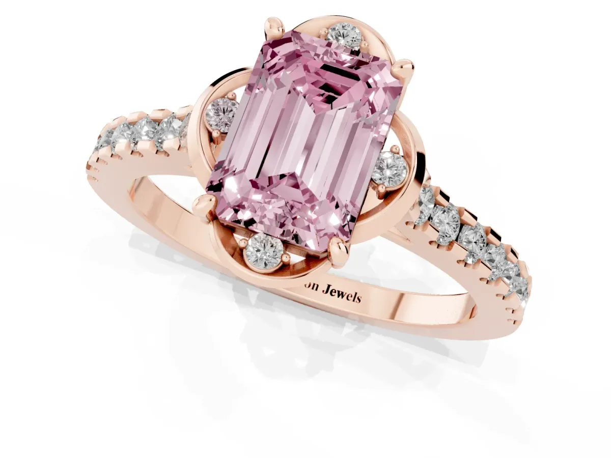 Fancy Pink Emerald Cut Diamond Ring with Pavé Band and Floral Prong Setting Rose gold