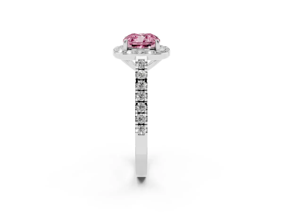 Fancy Pink Cushion Cut Diamond Halo Ring with Round Pavé Split Shank and Prong Setting Silver