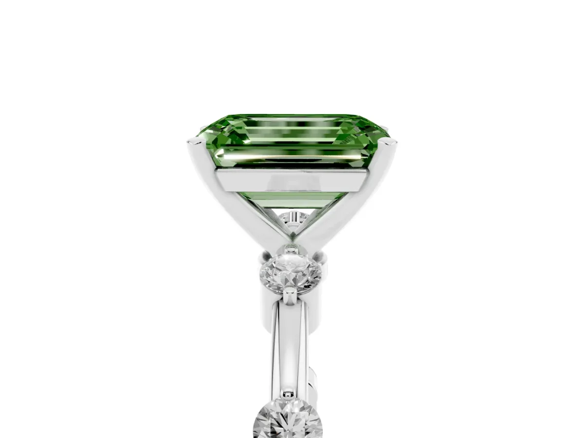 Fancy Green Emerald Cut Solitaire Diamond Ring with Bezel Set Side Stones and Prong Setting Silver