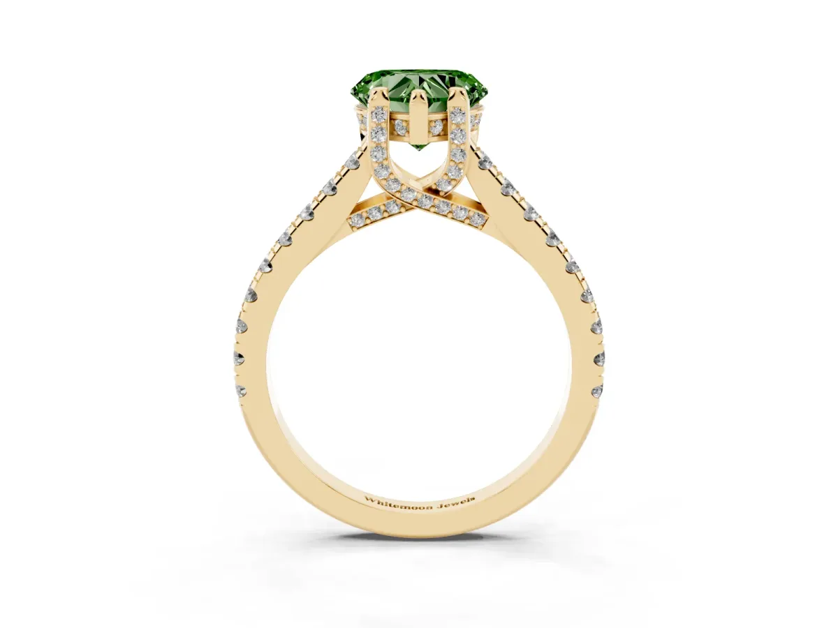 Fancy Green Heart Cut Brilliant Diamond Solitaire with Pavé Band and Four-Prong Setting Yellow gold