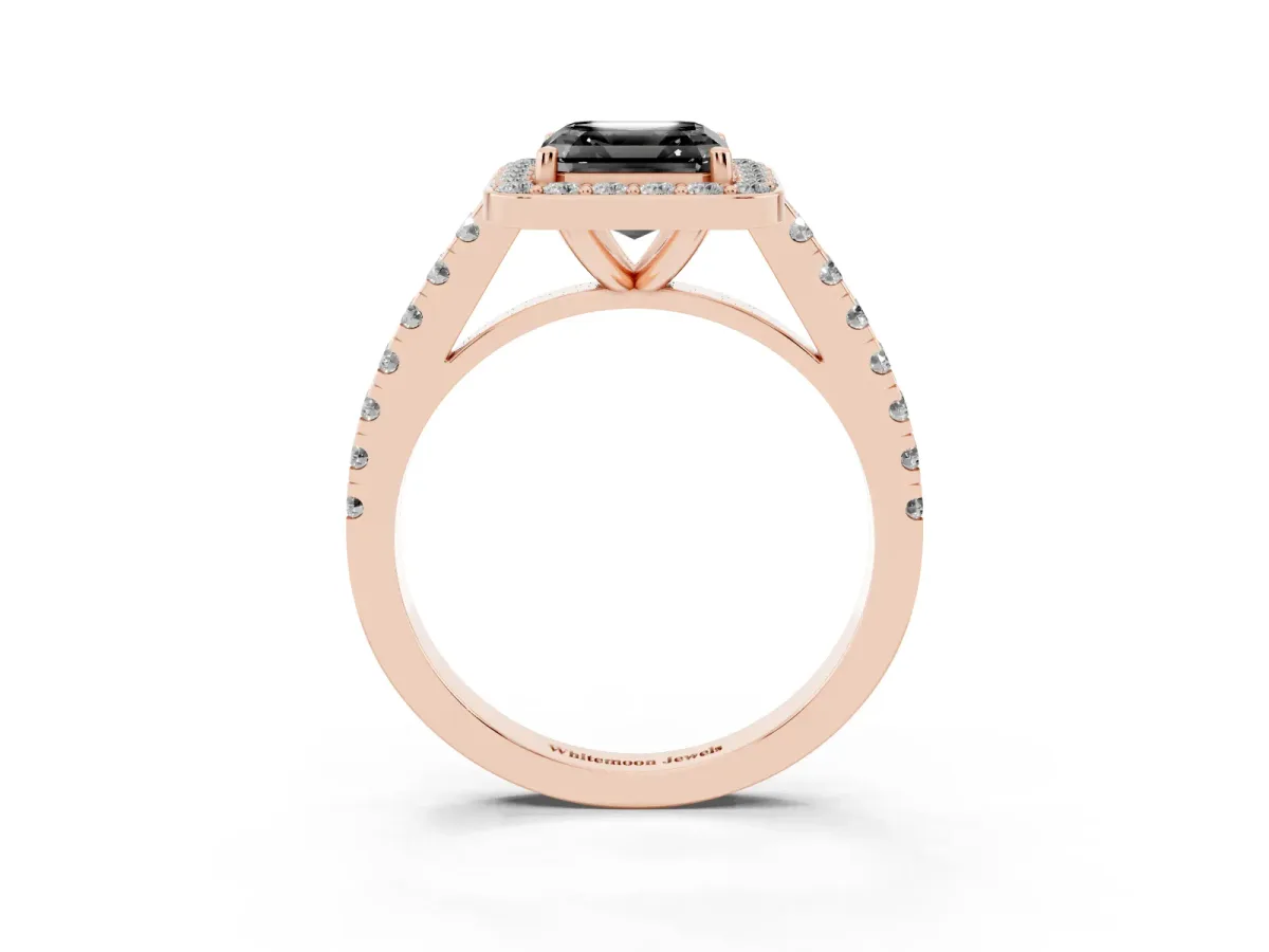 Fancy Black Asscher Cut Diamond Halo Ring with Round Pavé Split Shank and Prong Setting Rose gold