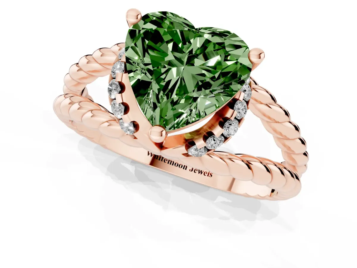 Fancy Green Heart Cut Halo Twisted Band Four-Prong Ring Rose gold
