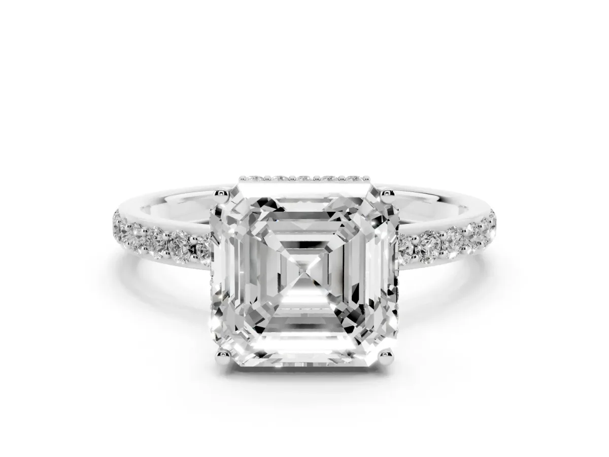 Asscher Cut Diamond Solitaire Ring with Pavé Band and Hidden Halo White gold