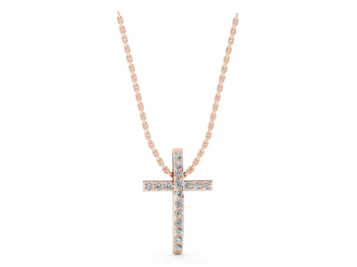 Pavé Round Diamond Cross Pendant with Prong Setting Rose gold