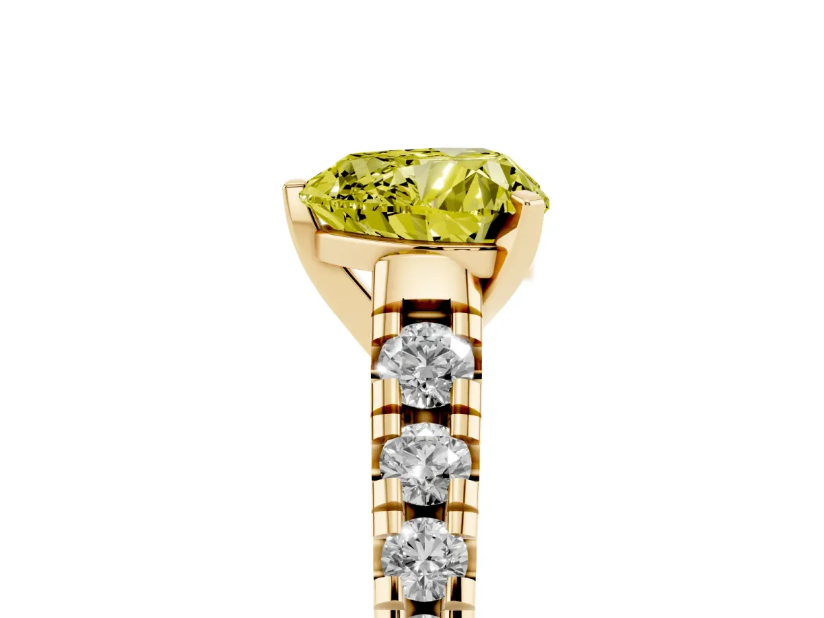 Fancy Yellow Heart Cut Diamond Cathedral Solitaire Ring with Round Pavé Band Yellow gold