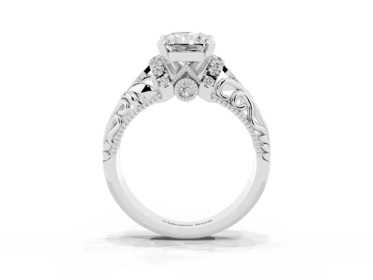Radiant Cut Solitaire Filigree Engagement Ring with Halo and Prong Setting Silver