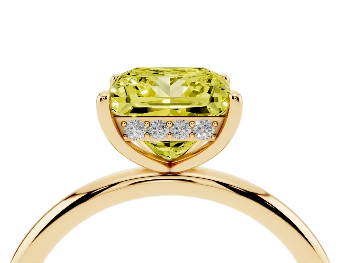 Fancy Yellow Princess Cut Solitaire Diamond Ring with a Classic Band and Four-Prong Setting Yellow gold