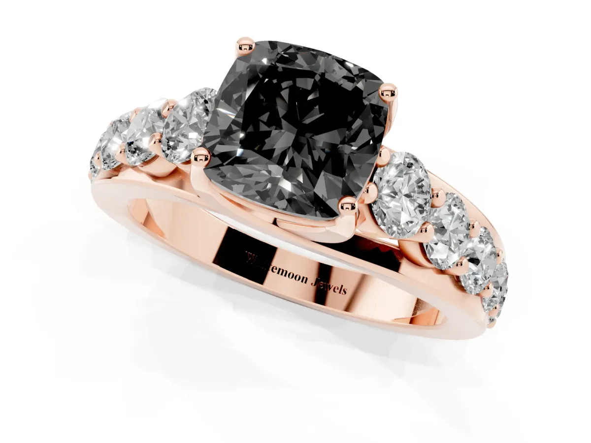 Fancy Black Cushion Cut Diamond Engagement Ring with Pavé Band and Four-Prong Setting Rose gold