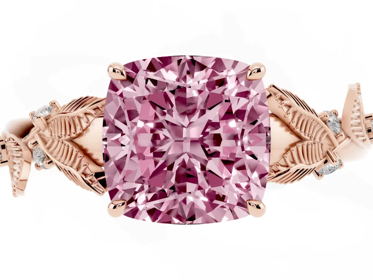 Fancy Pink Cushion Cut Diamond Solitaire Ring with Leaf Motif Band and Four-Prong Setting Rose gold