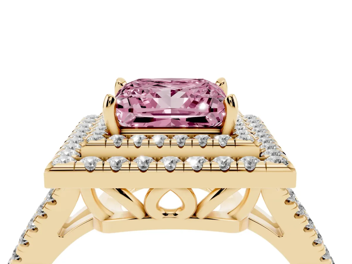 Fancy Pink Princess Cut Diamond Double Halo Ring with Pavé Band and Prong Setting Yellow gold