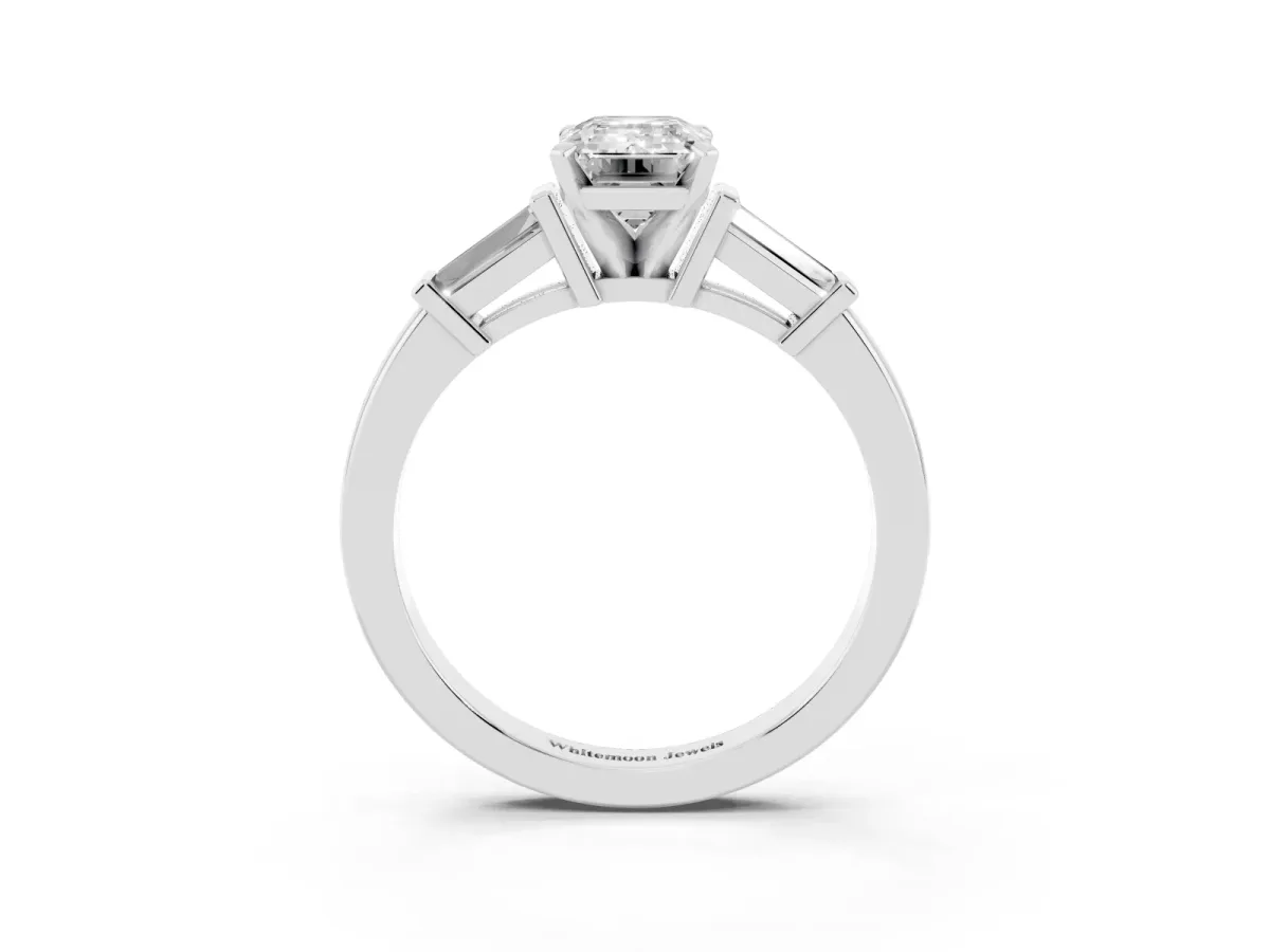 Emerald Cut Cut Diamond Solitaire Ring with Tapered Baguette Accents and Four-Prong Setting Silver