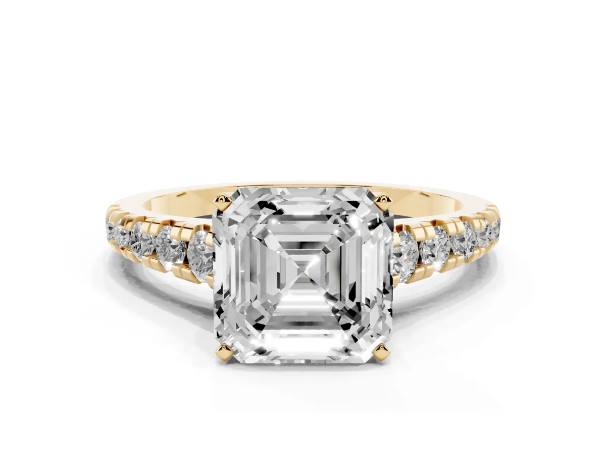 Asscher Cut Diamond Cathedral Solitaire Ring with Round Pavé Band Yellow gold