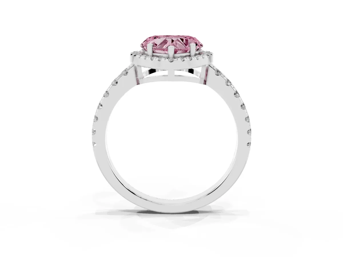 Fancy Pink Heart Cut Diamond Halo Ring with Pavé Band and Four-Prong Setting White gold