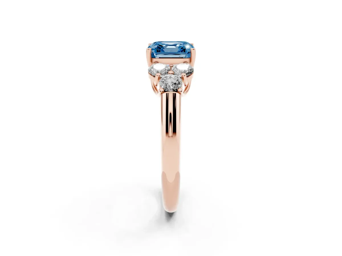 Fancy Blue Asscher Cut Cut Diamond Cluster Ring with Round Accent Stones and Prong Setting on a Classic Band Rose gold