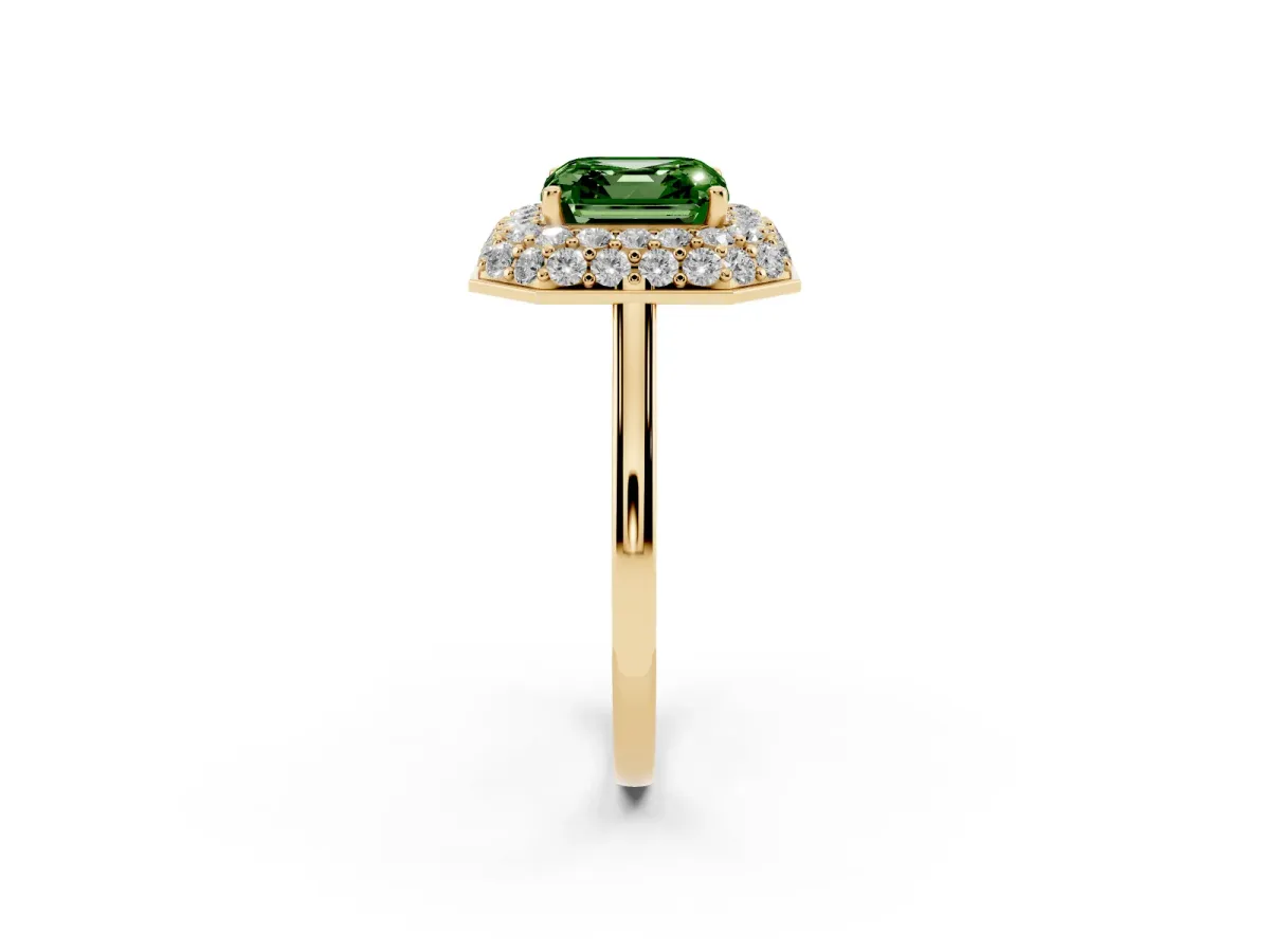 Fancy Green Asscher Cut Halo Diamond Engagement Ring with Solitaire Band and Four-Prong Setting Yellow gold