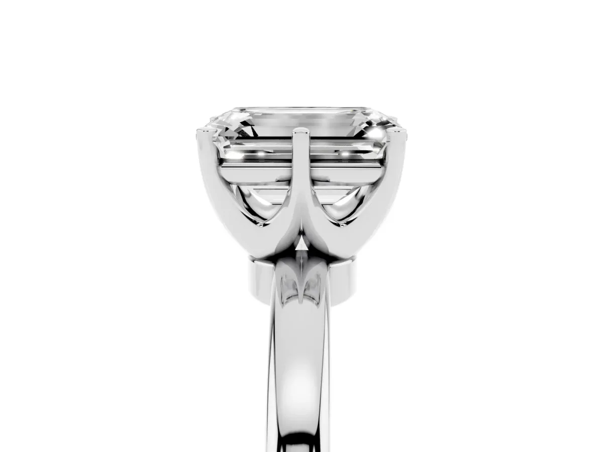 Emerald Cut Solitaire Diamond Ring with Six-Prong Setting on a Classic Band Silver