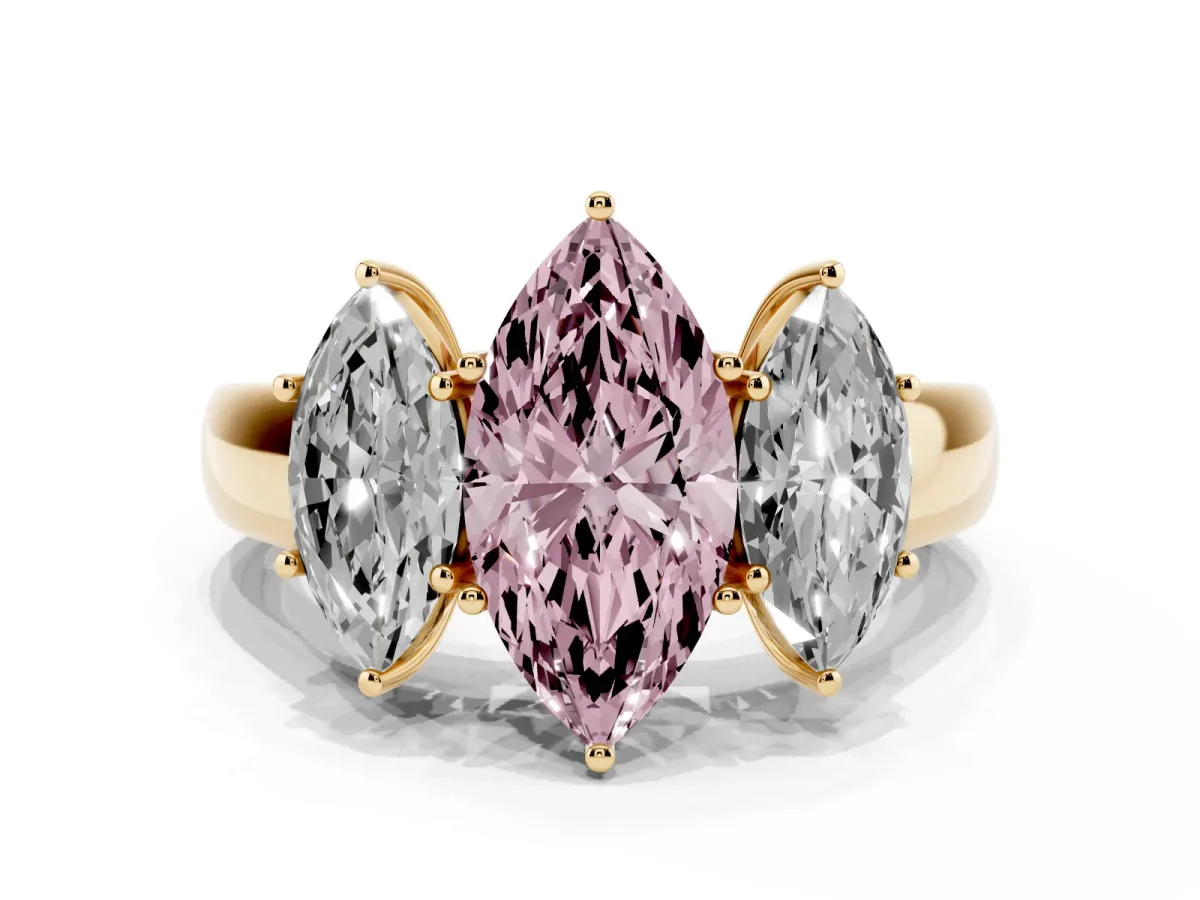 Fancy Pink Three-Stone Marquise Cut Cut Diamond Ring with Prong Setting and Classic Band Yellow gold