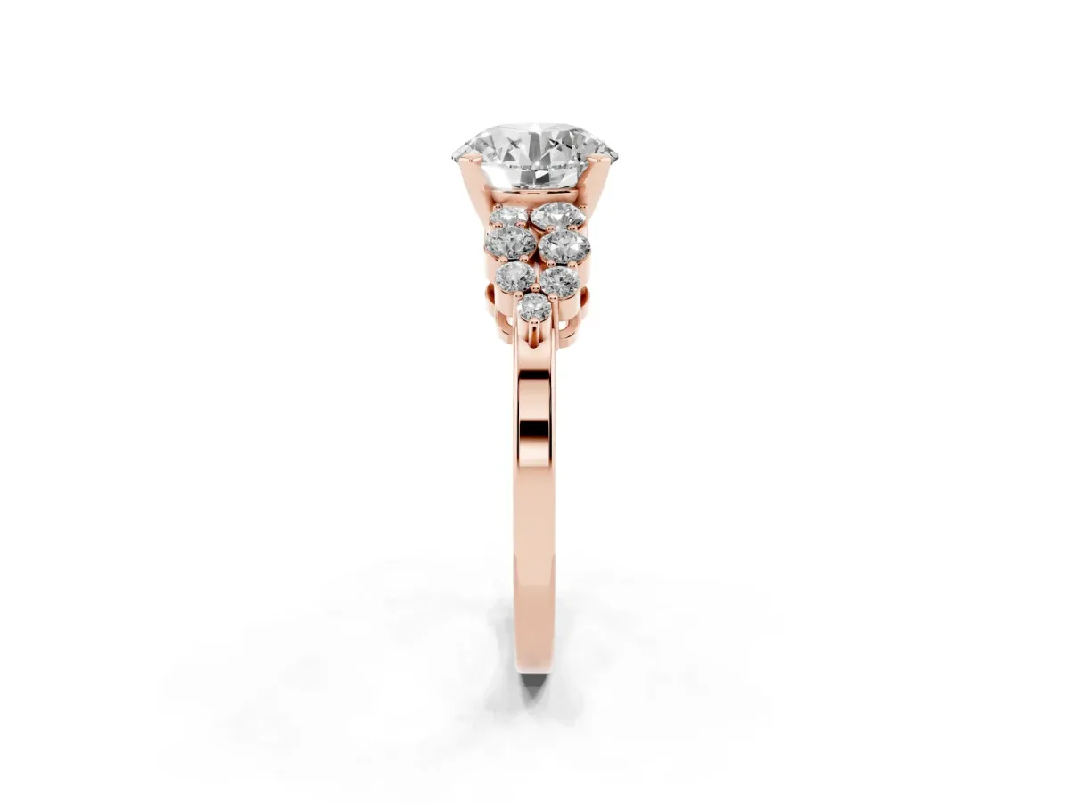 Round Cut Cluster Diamond Engagement Ring with Pavé Band and Four-Prong Setting Rose gold