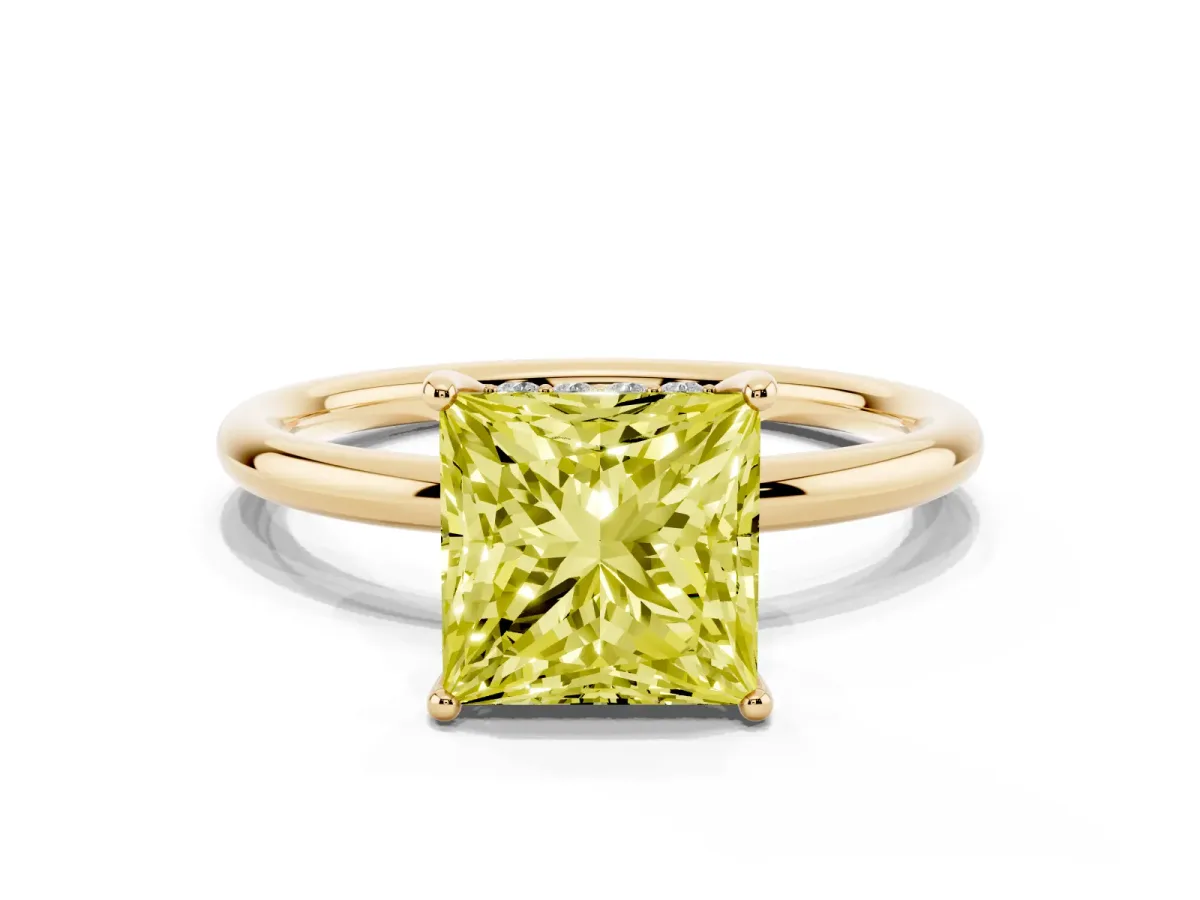 Fancy Yellow Princess Cut Solitaire Diamond Ring with a Classic Band and Four-Prong Setting Yellow gold