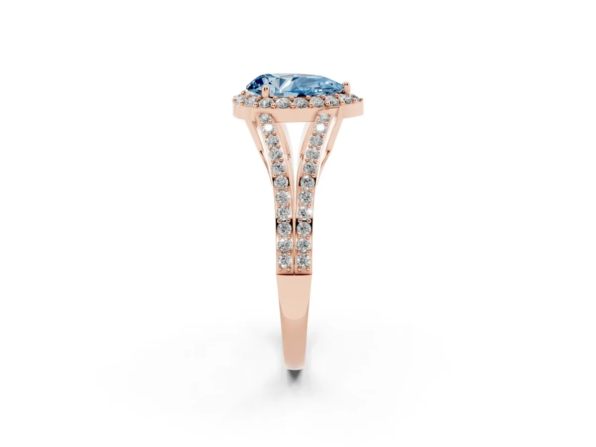 Fancy Blue Pear Cut Halo Split Shank Pave Diamond Ring with Four-Prong Setting Rose gold
