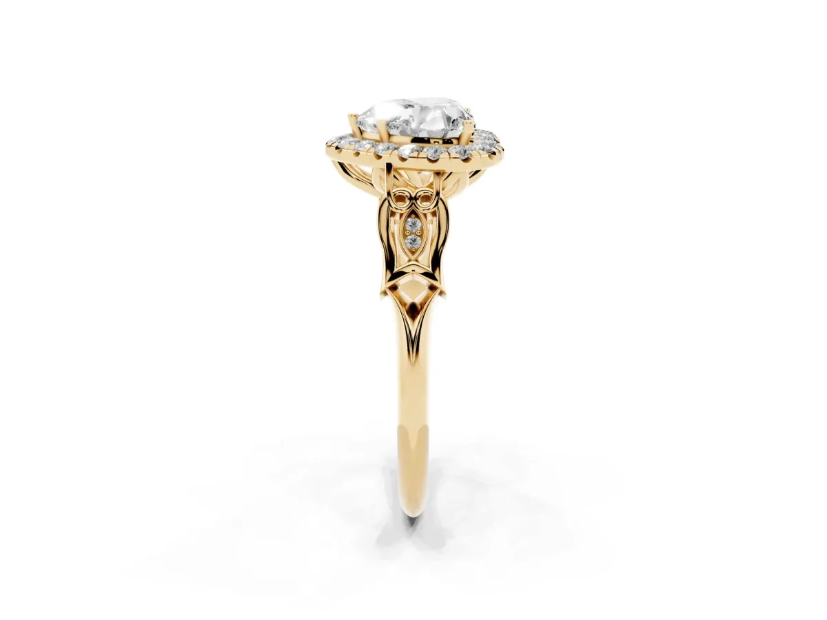 Heart Cut Halo Diamond Engagement Ring with Filigree Band and Four-Prong Setting Yellow gold