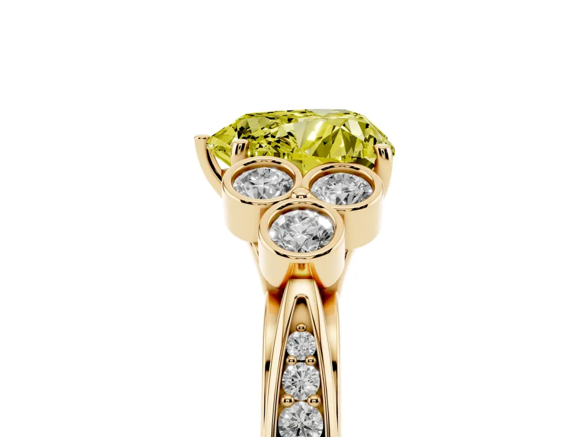Fancy Yellow Heart Cut Cut Diamond Engagement Ring with Bezel Set Round Side Stones and Prong Setting Yellow gold