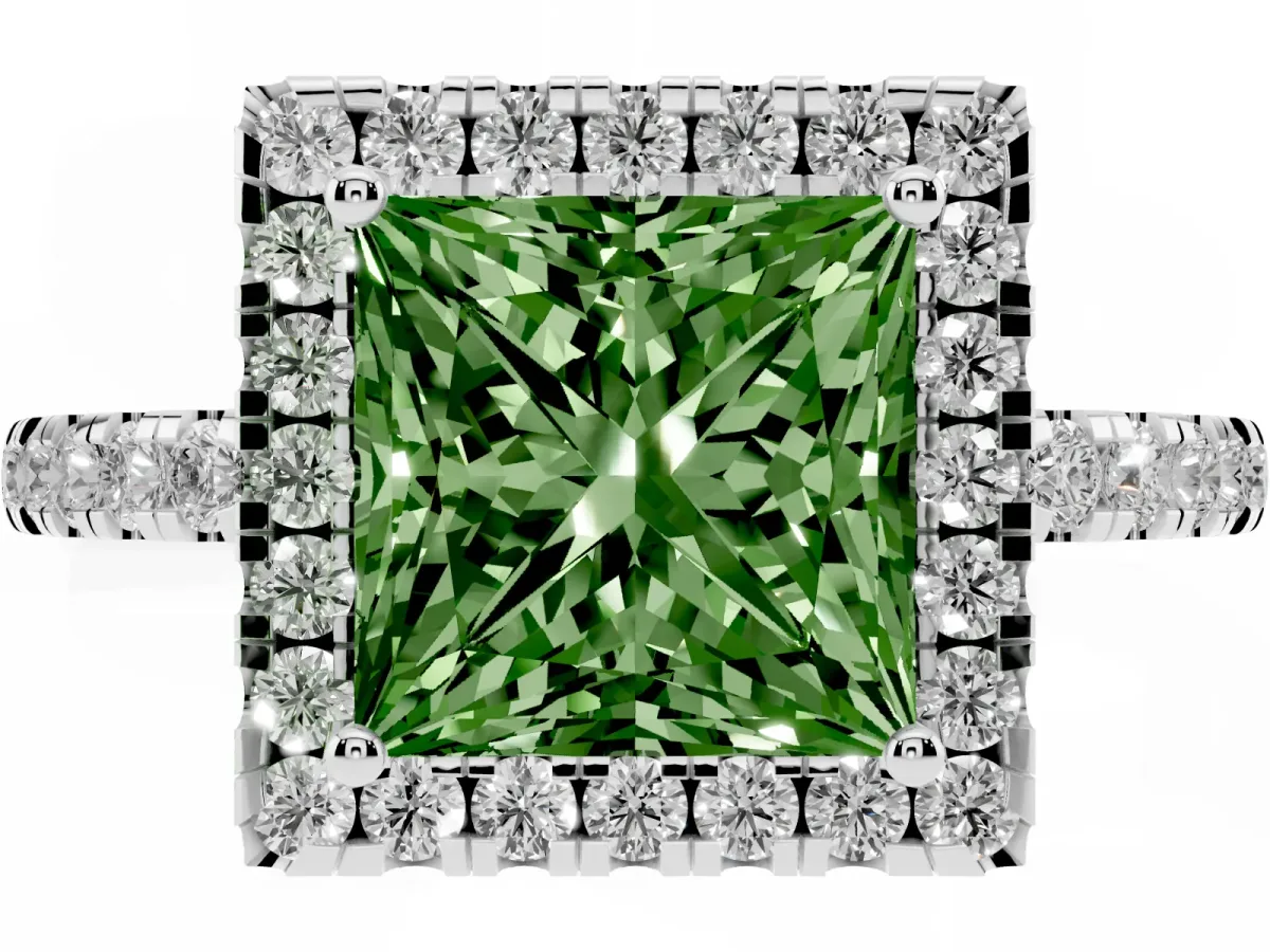 Fancy Green Princess Cut Halo Diamond Engagement Ring with Pavé Band and Four-Prong Setting Platinum