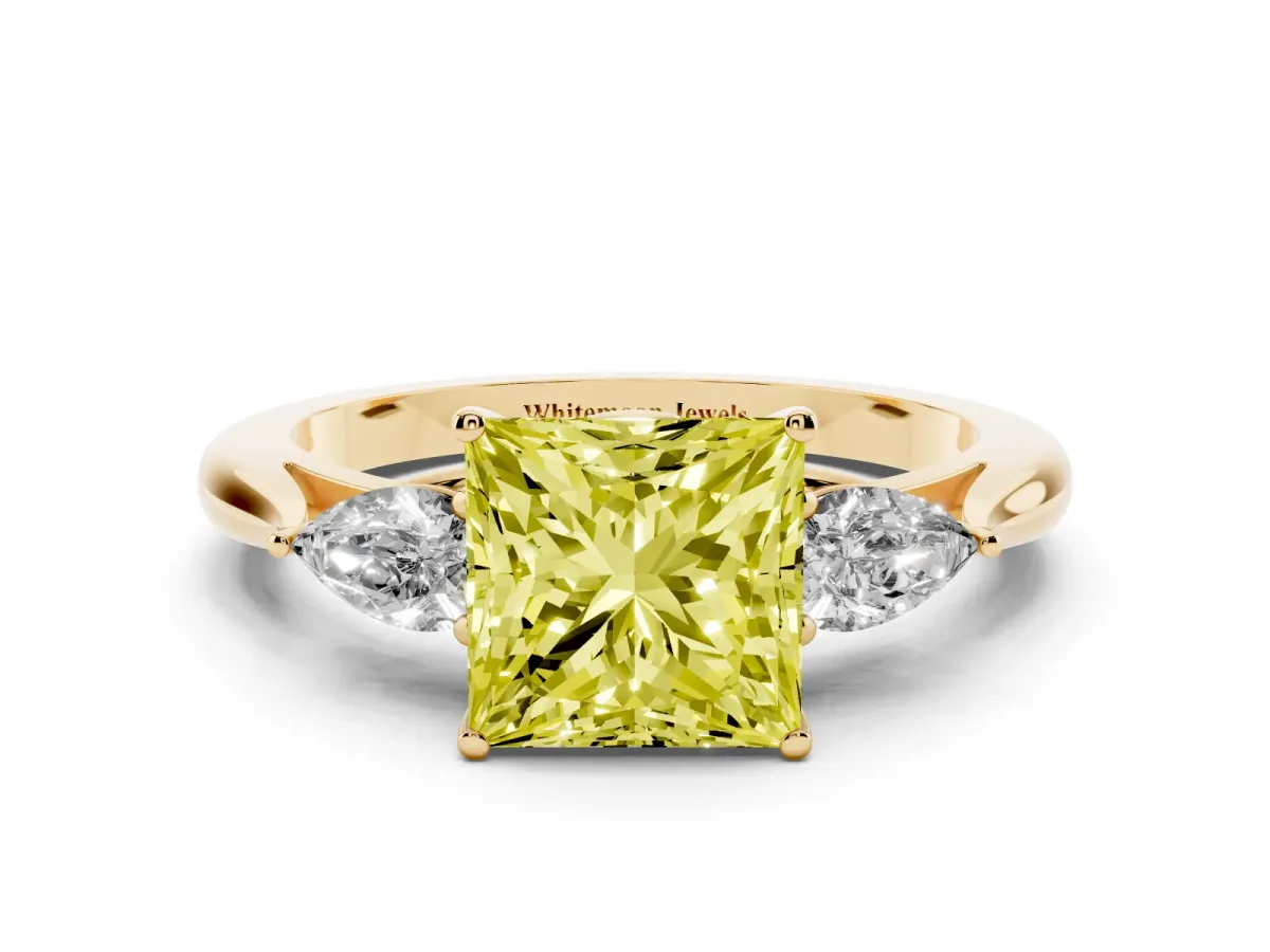 Fancy Yellow Princess Cut Diamond Three-Stone Ring with Pear Side Stones and Prong Setting Yellow gold