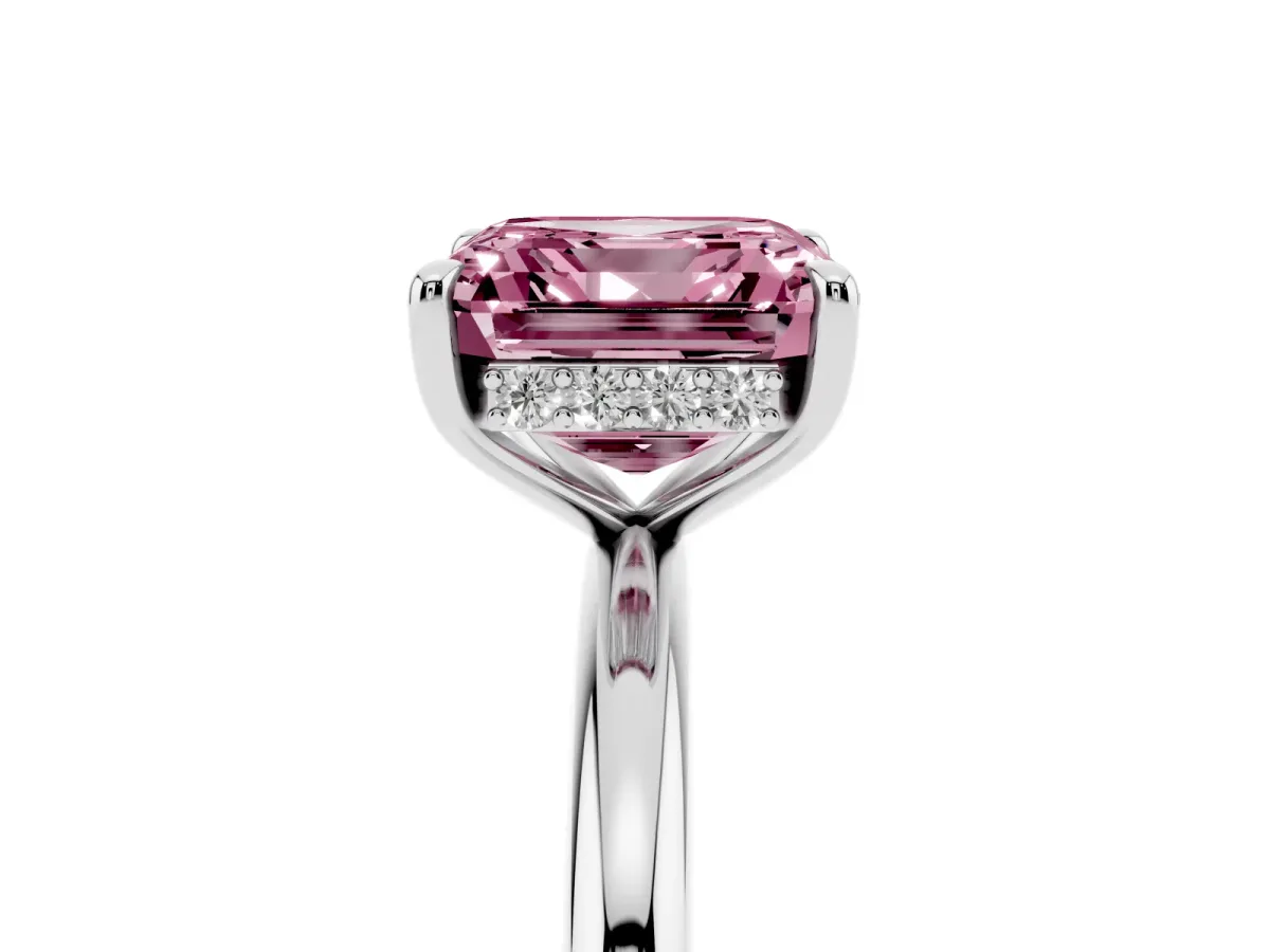 Fancy Pink Asscher Cut Diamond Solitaire Ring with Thin Band and Four-Prong Setting Silver