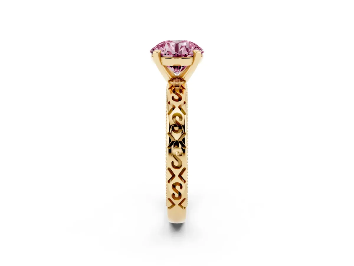 Fancy Pink Round Cut Solitaire Engagement Ring with Scrollwork Band and Four-Prong Setting Yellow gold