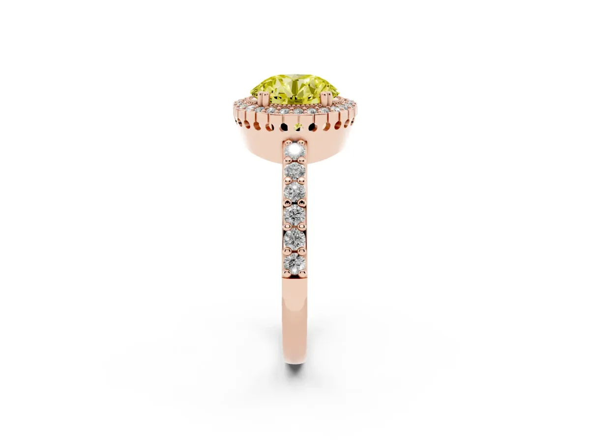 Fancy Yellow Round Cut Cut Diamond Halo Engagement Ring with Milgrain Detail and Pavé Band Rose gold