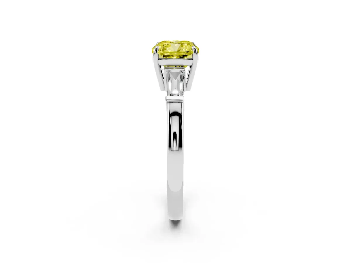 Fancy Yellow Cushion Cut Diamond Three-Stone Ring with Tapered Baguette Side Stones and Prong Setting Silver
