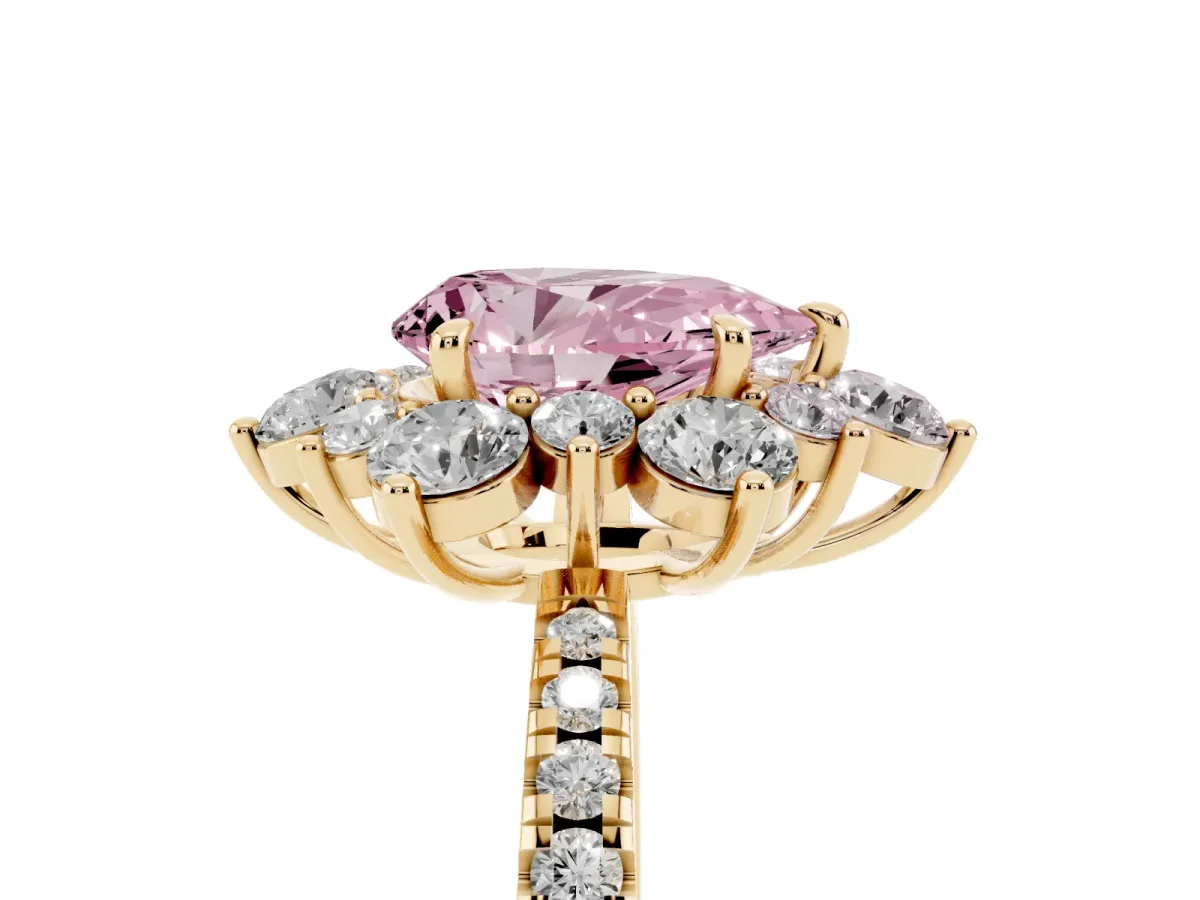 Fancy Pink Pear Cut Diamond Floral Halo Ring with Round Pavé Band and Prong Setting Yellow gold