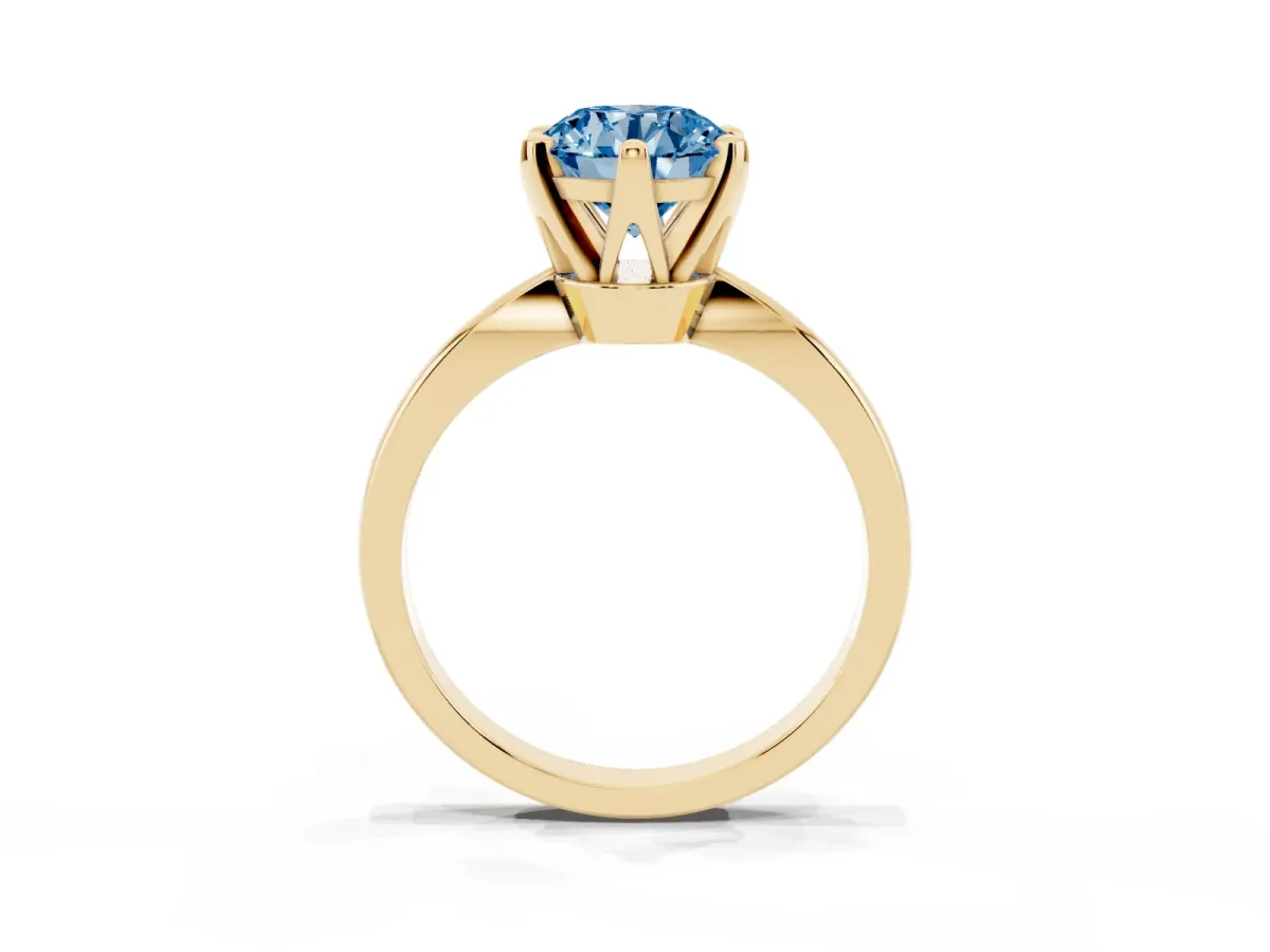 Fancy Blue Round Cut Solitaire Engagement Ring with Six-Prong Setting and Tapered Band Yellow gold