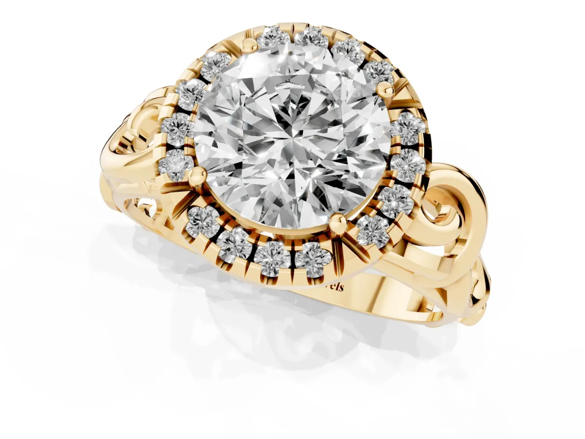 Round Cut Cut Halo Diamond Ring with Scrollwork Band and Four-Prong Setting Yellow gold