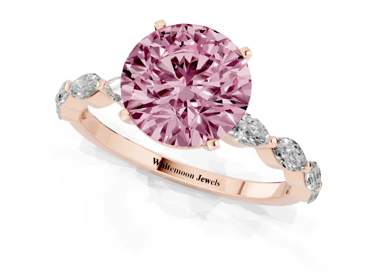 Fancy Pink Round Cut Diamond Ring with Marquise Side Stones and Prong Setting Rose gold