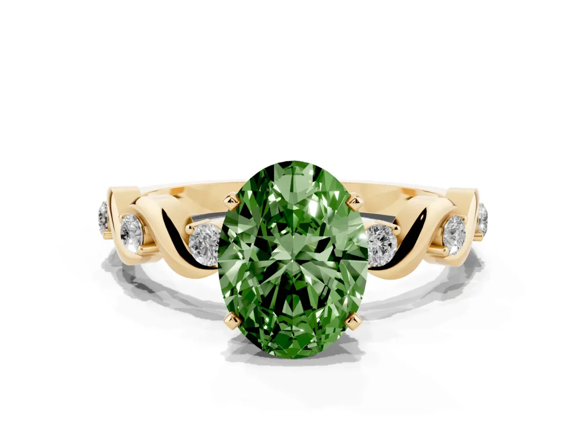 Fancy Green Oval Cut Diamond Solitaire Twisted Band with Round Accents and Prong Setting Yellow gold