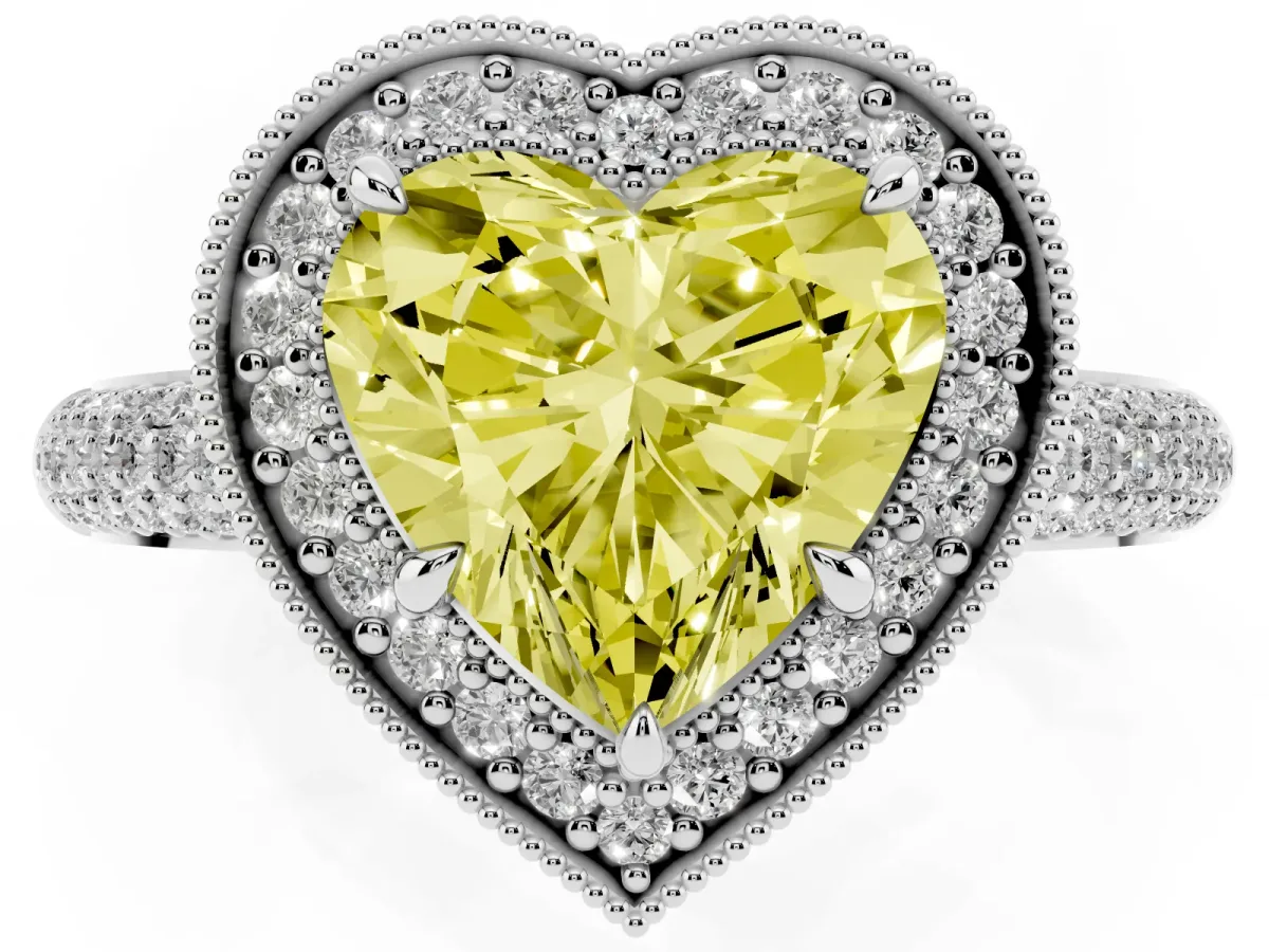 Fancy Yellow Heart Cut Cut Halo Diamond Pave Band with Four-Prong Setting Platinum