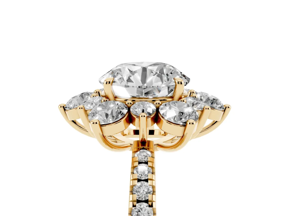 Round Cut Diamond Floral Halo Ring with Round Pavé Band and Prong Setting Yellow gold