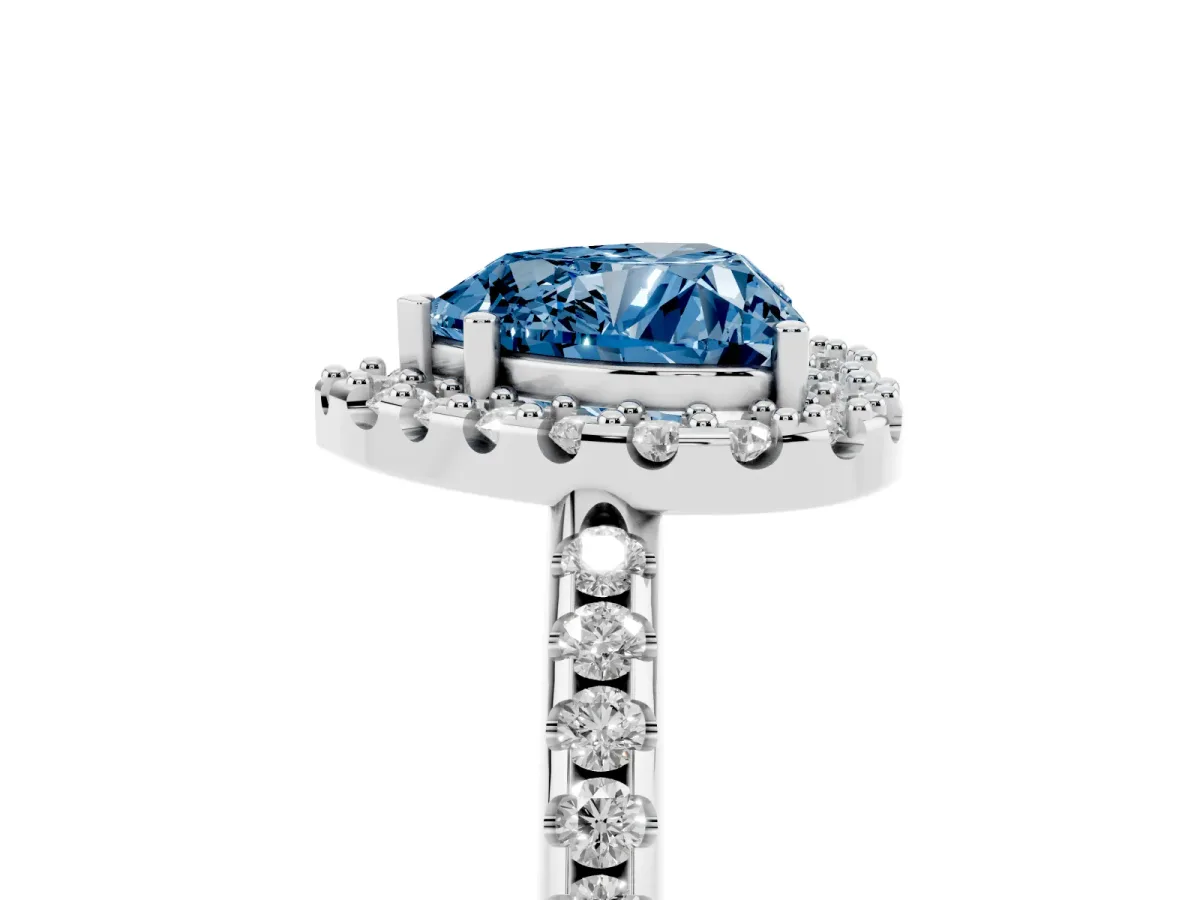 Fancy Blue Heart Cut Diamond Pavé Halo Ring with Four-Prong Setting Silver